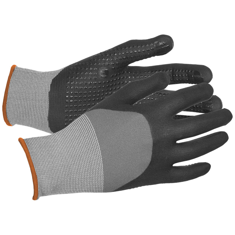 N300 Micro-Dotted Palm Nitrile Dipped Nylon Gloves, Gry/Blk