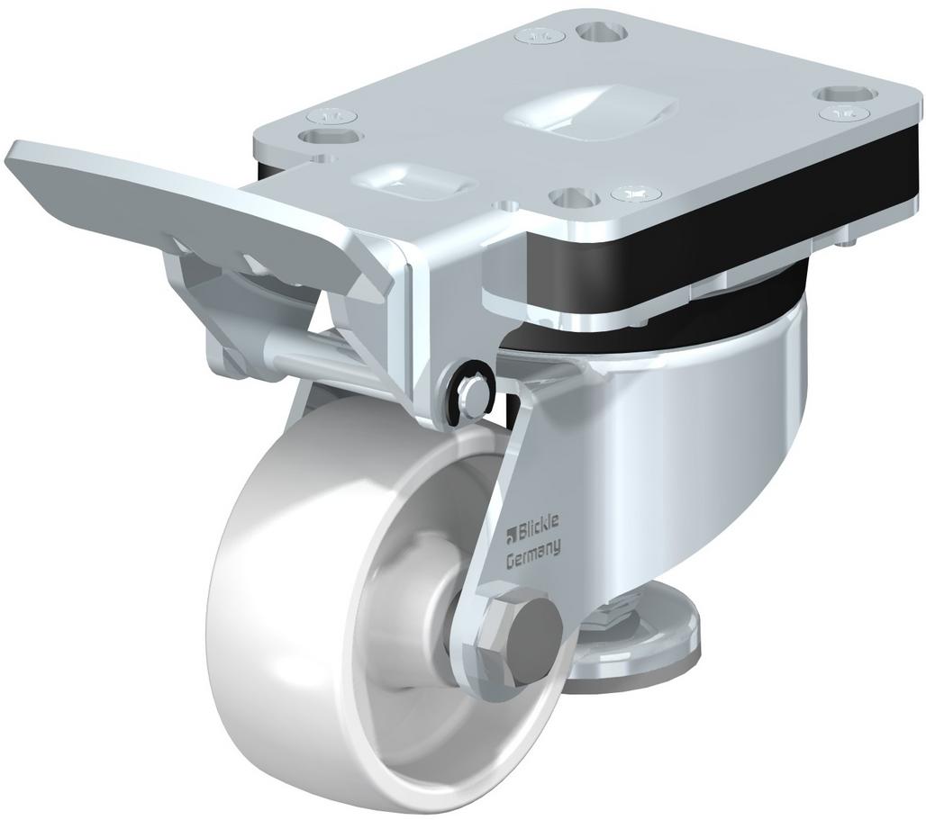 調平腳輪-固定位置操作杠杆和集成卡車製動器，帶頂板配件，平孔，抗衝擊白色尼龍輪(Blickle)
