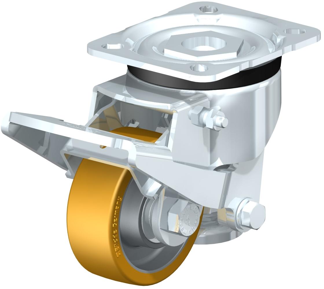 調平腳輪-跟隨旋轉操作和釋放杠杆，帶有頂板配件，滾珠軸承，Blickle超細聚氨酯鋁芯輪(Blickle)